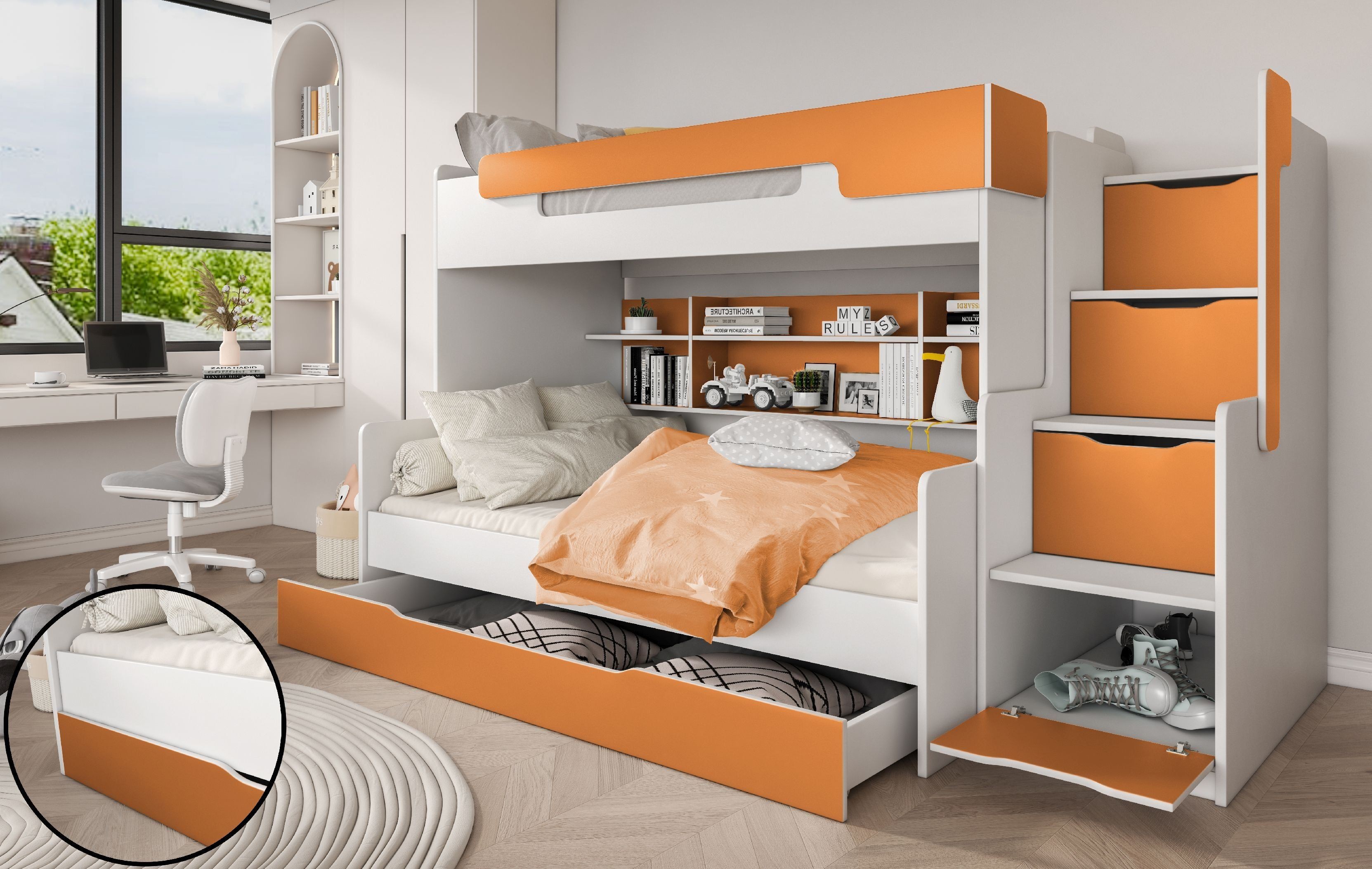 Autobett Etagenbett mit Stauraum-Treppen - Orange--5