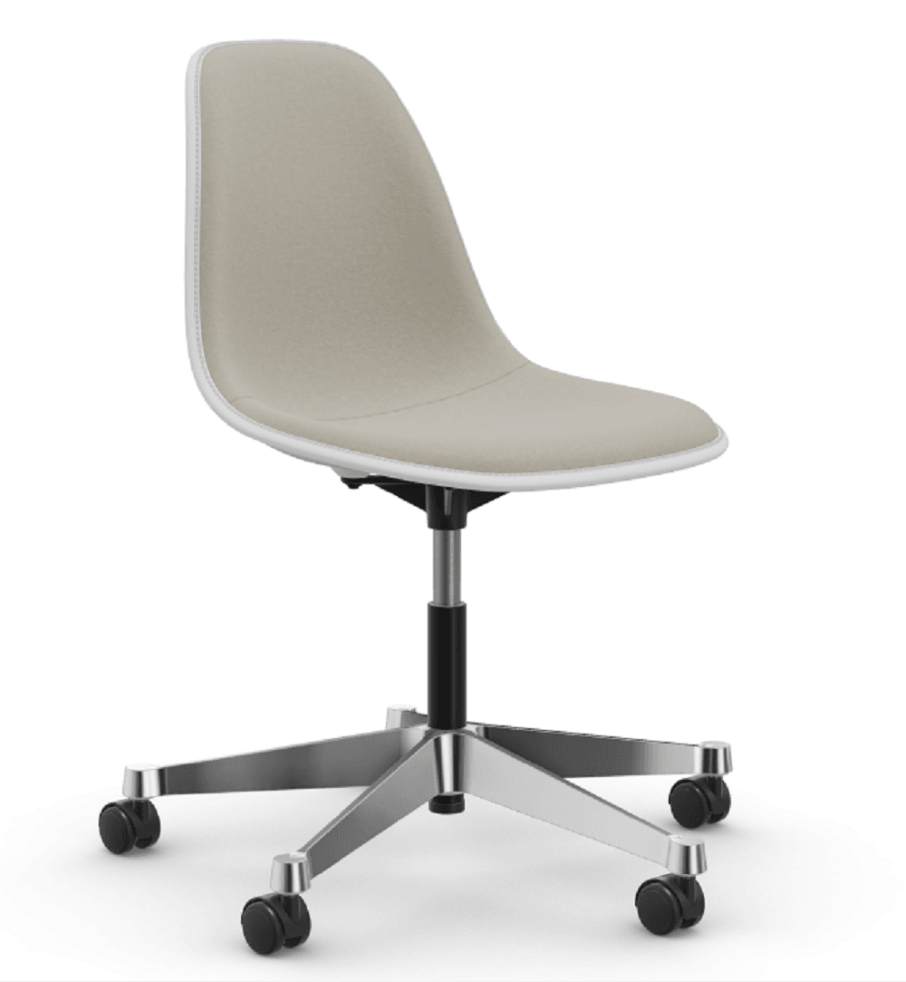 Vitra PSCC Eames Plastic Side Chair RE - 85 cotton white RE - 03 Aluminium poliert- Vollpolster "Hopsak" 79 warmgrey/elfenbein--11